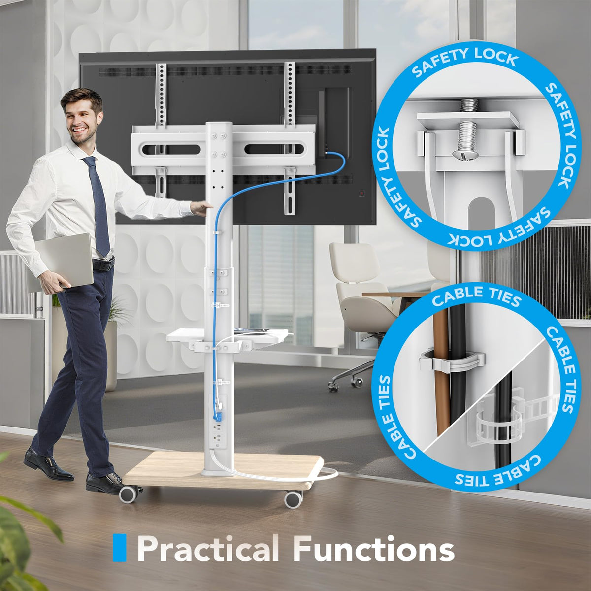 Mobile TV Stand with Power Outlets & Shelf, 27-65 Inch Swivel Height Adjustable White R5802