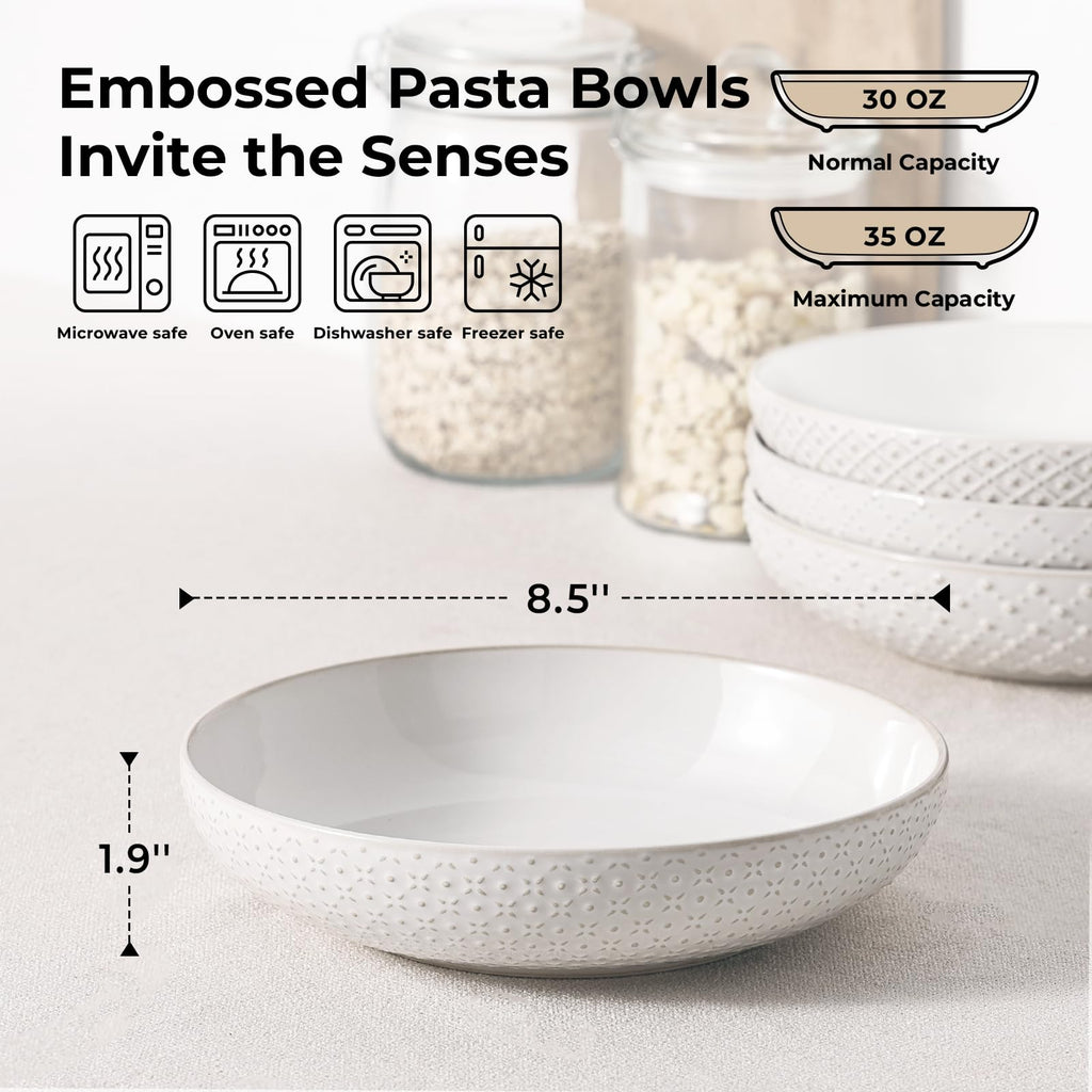 8.5" Ceramic Pasta Bowls Set of 4, 30 oz Soft White D4023