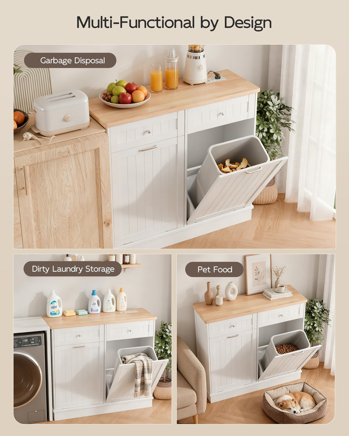 White Wooden Tilt Out Trash Cabinet with 2 Drawers P579992