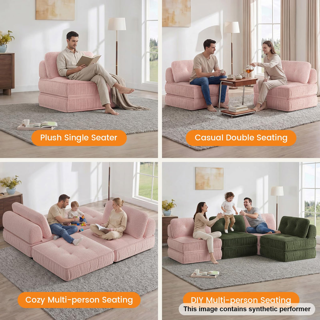 Pink Corduroy 3-in-1 Folding Sofa Bed with Memory Foam A529
