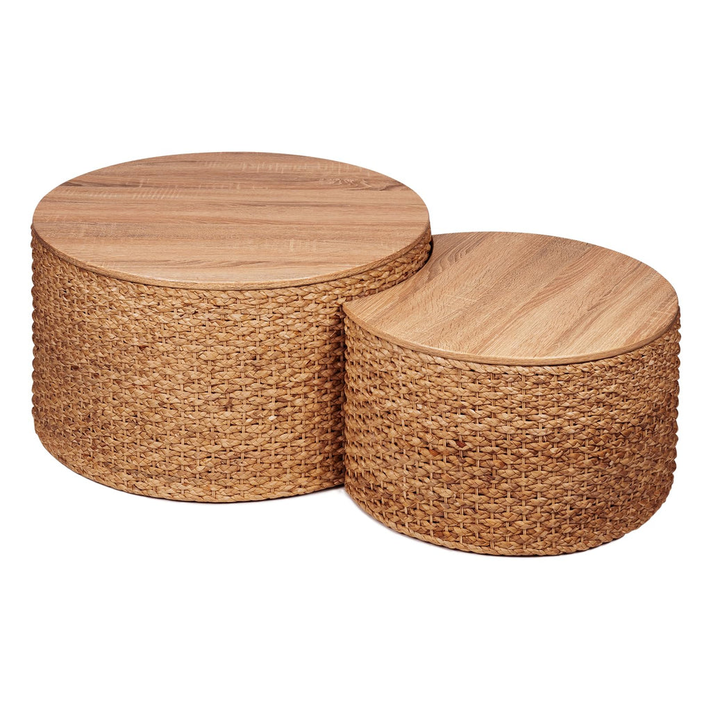 Round Nesting Coffee Table Set of 2 with Storage Wicker Rattan Wood Frame V899