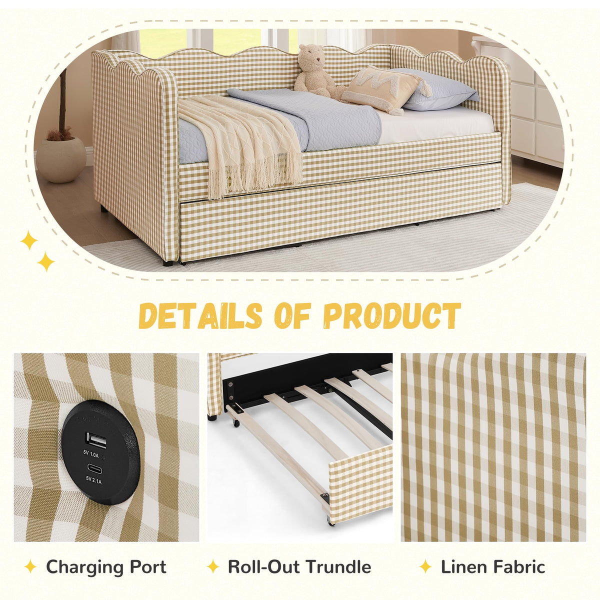 Twin to King Size Plaid Linen Upholstered Daybed with Trundle N522