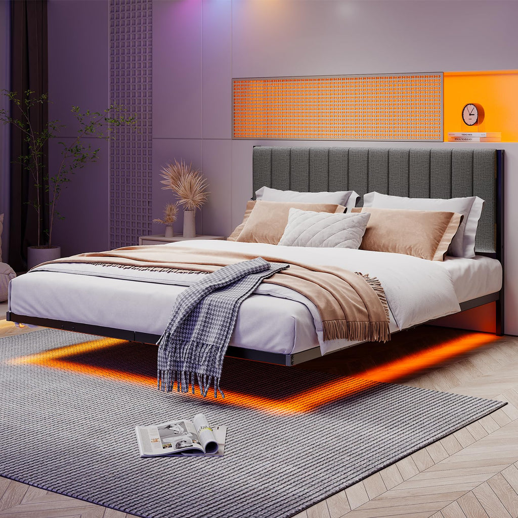Full Size Metal Platform Bed Frame with LED Lights and Charging Port X709345