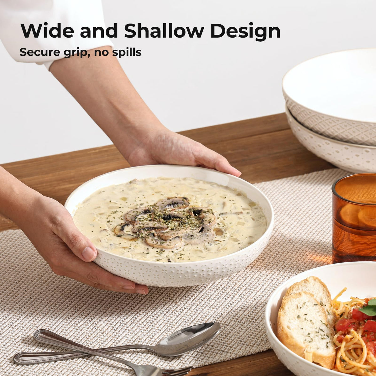 8.5" Ceramic Pasta Bowls Set of 4, 30 oz Soft White D4023