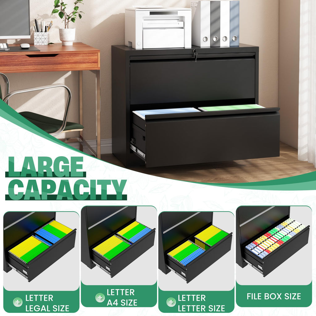 Black 2 Drawer Metal Lateral File Cabinet with Lock L5188