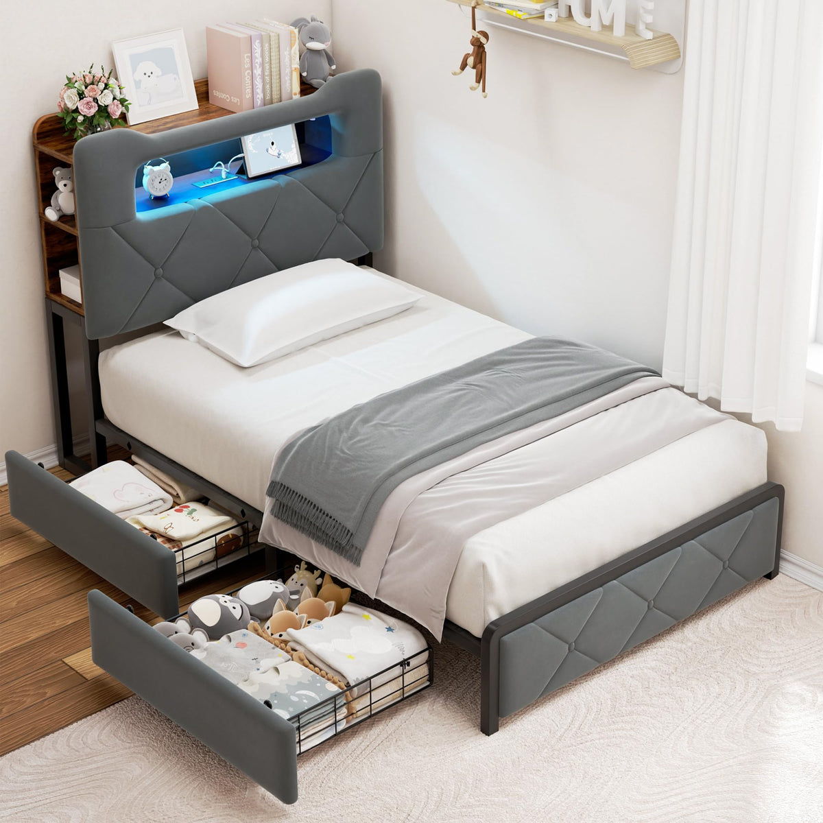 Twin Upholstered Velvet Platform Bed Frame with 2 Storage Drawers P389297
