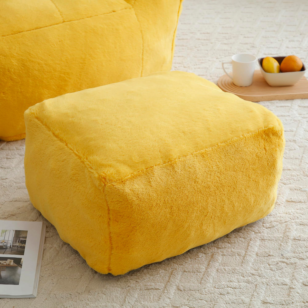 Yellow Faux Fur Memory Foam Bean Bag Chair with Footstool F5750