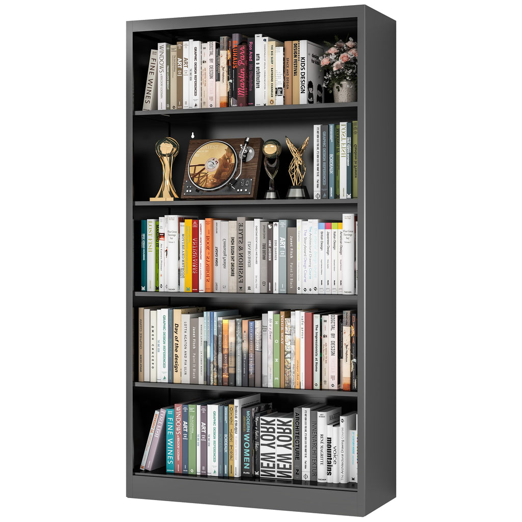 66" Tall Black Metal Bookcase with Adjustable Shelves X198