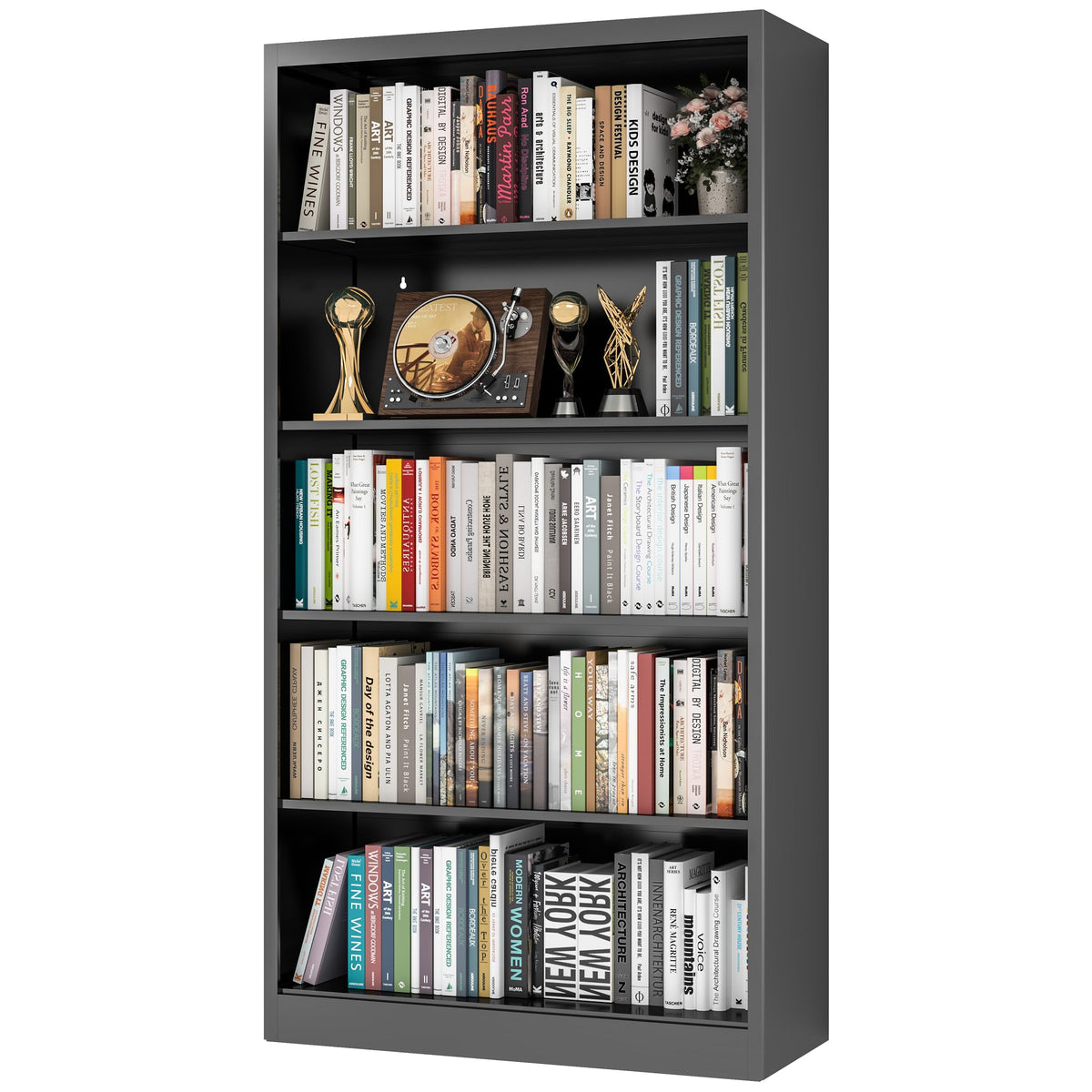 66" Tall Black Metal Bookcase with Adjustable Shelves X198