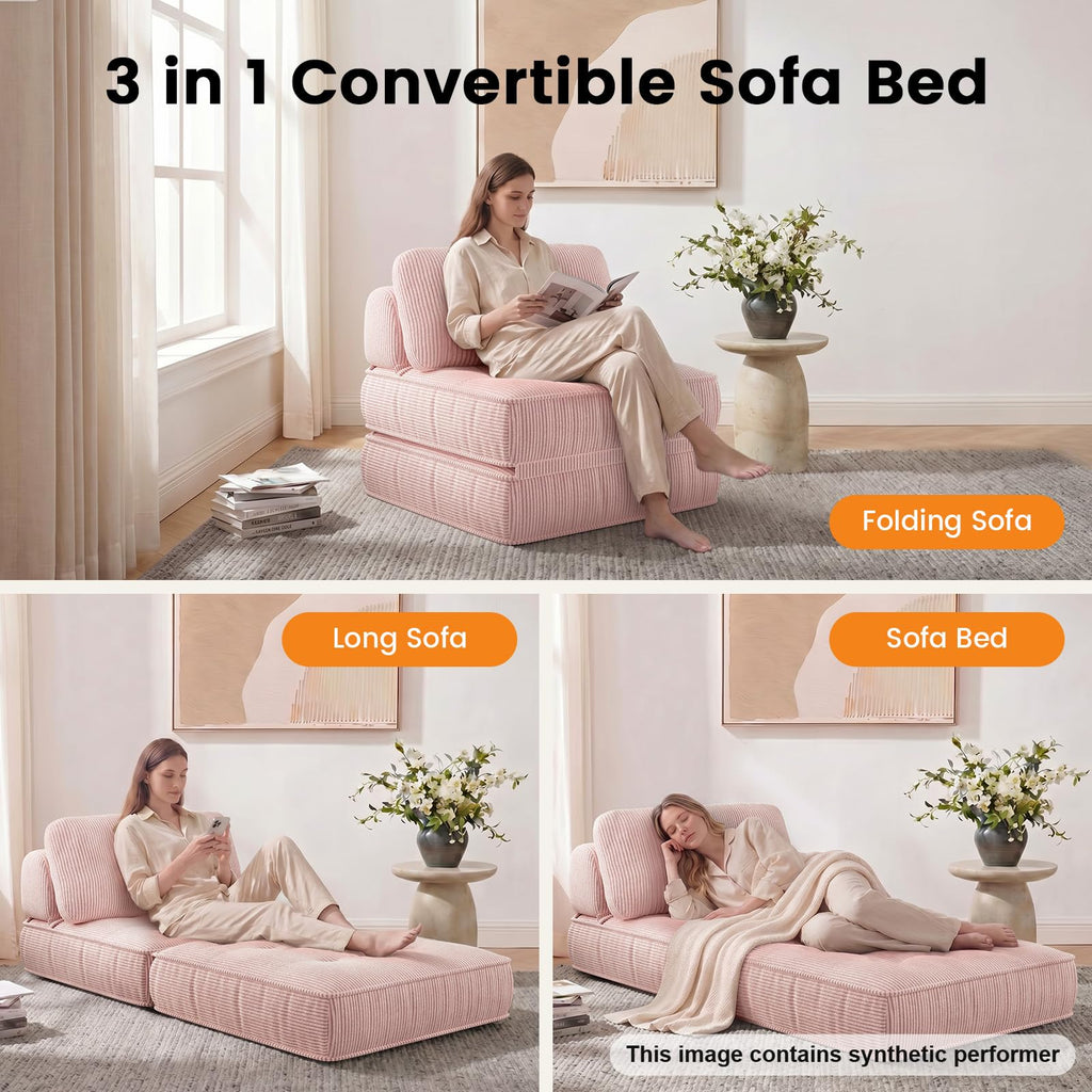 Pink Corduroy 3-in-1 Folding Sofa Bed with Memory Foam A529