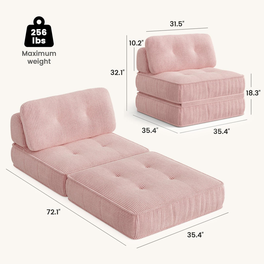 Pink Corduroy 3-in-1 Folding Sofa Bed with Memory Foam A529