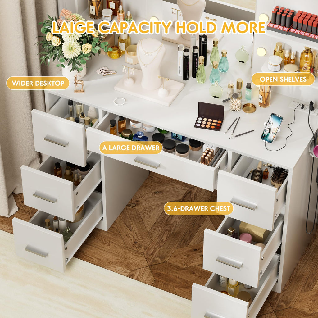 White Vanity Desk with Lighted Mirror and 7 Drawers Y17538