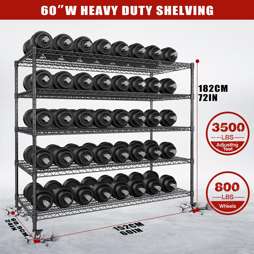60”W 5 Tier Heavy Duty Metal Wire Shelving with Wheels K210623