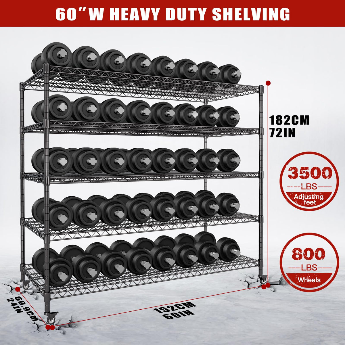60”W 5 Tier Heavy Duty Metal Wire Shelving with Wheels K210623
