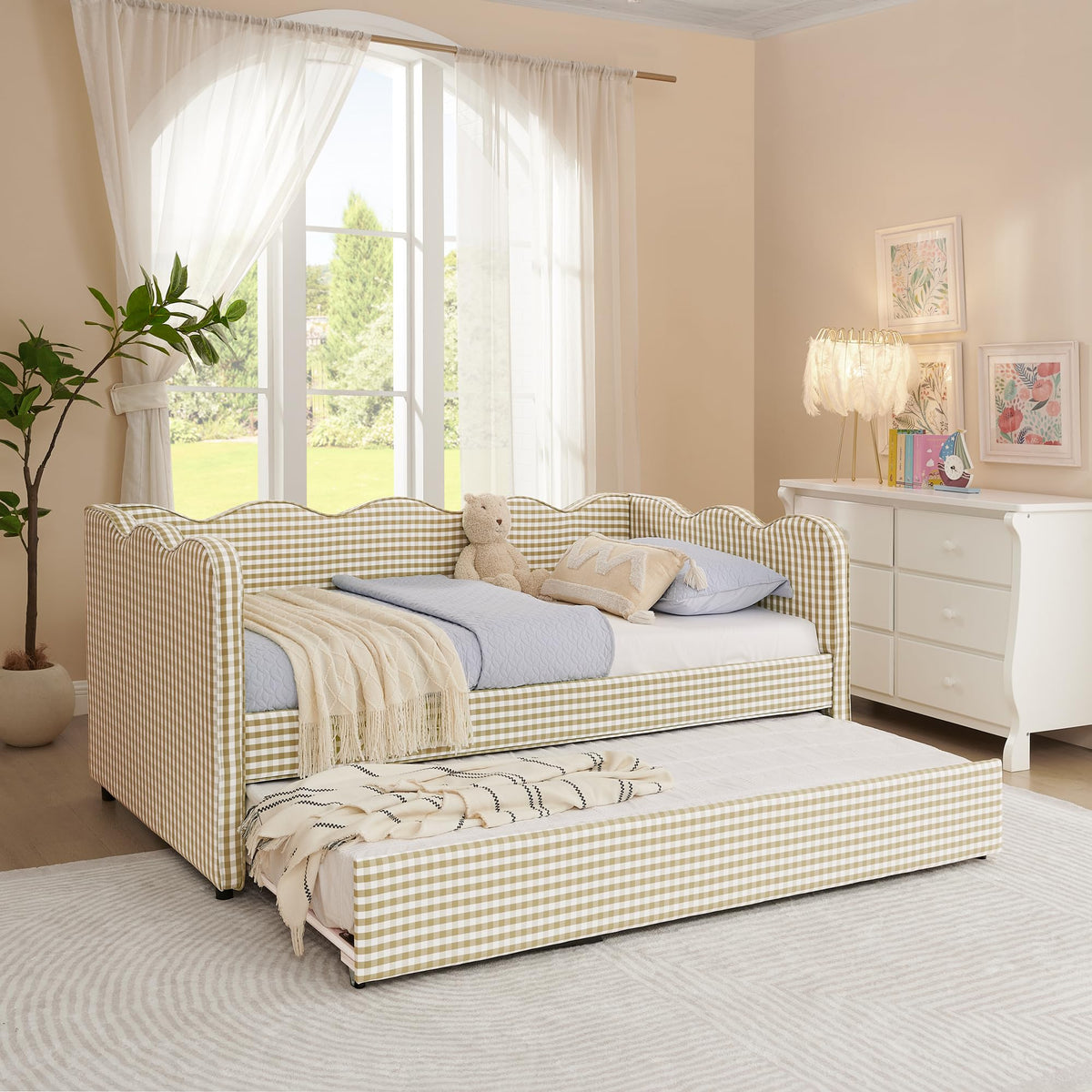 Twin to King Size Plaid Linen Upholstered Daybed with Trundle N522