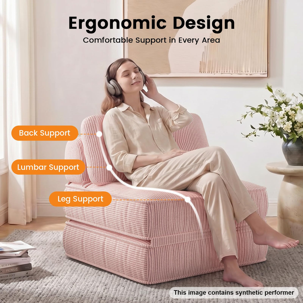 Pink Corduroy 3-in-1 Folding Sofa Bed with Memory Foam A529
