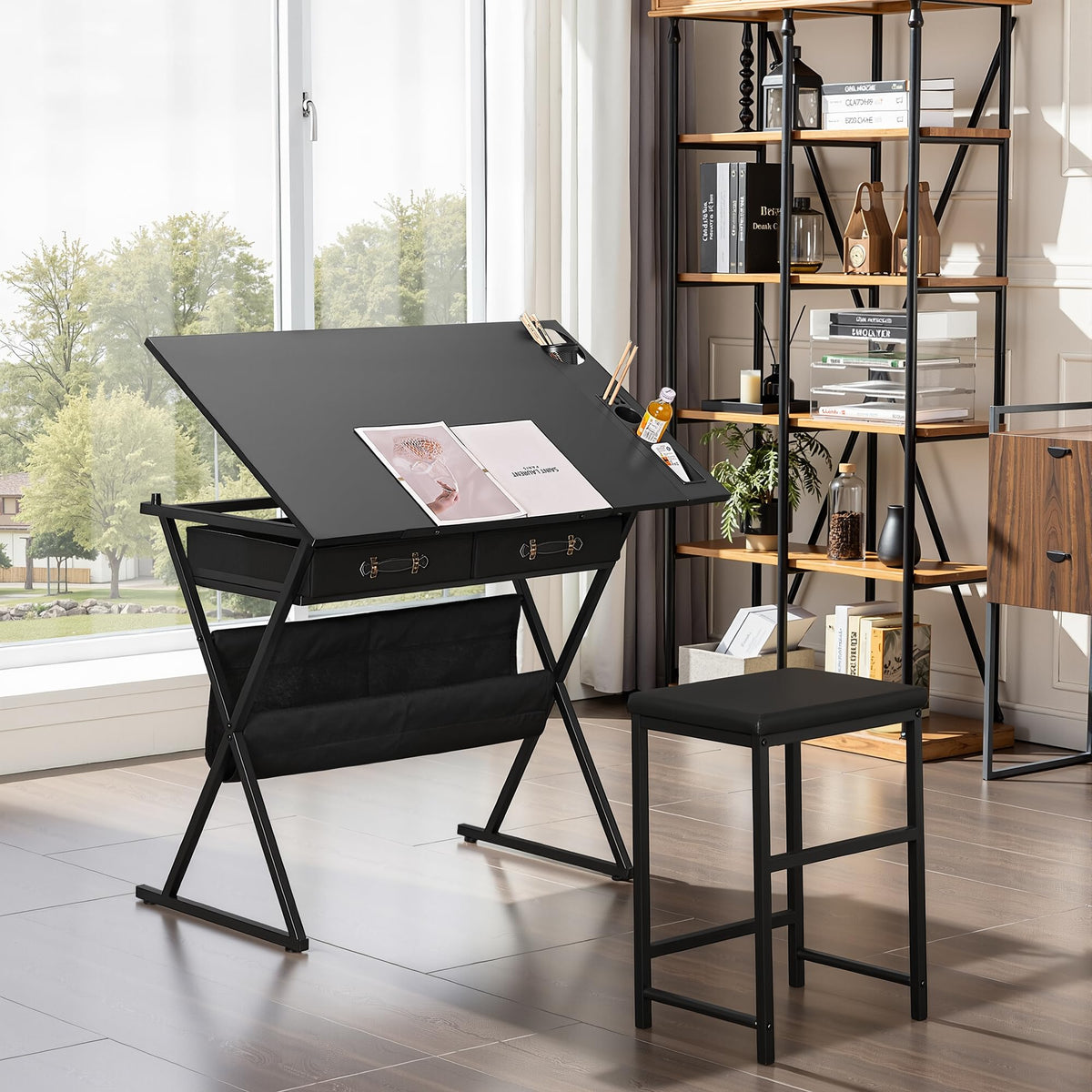 Black Adjustable Drafting Table with 2 Storage Drawers and Stool T5467