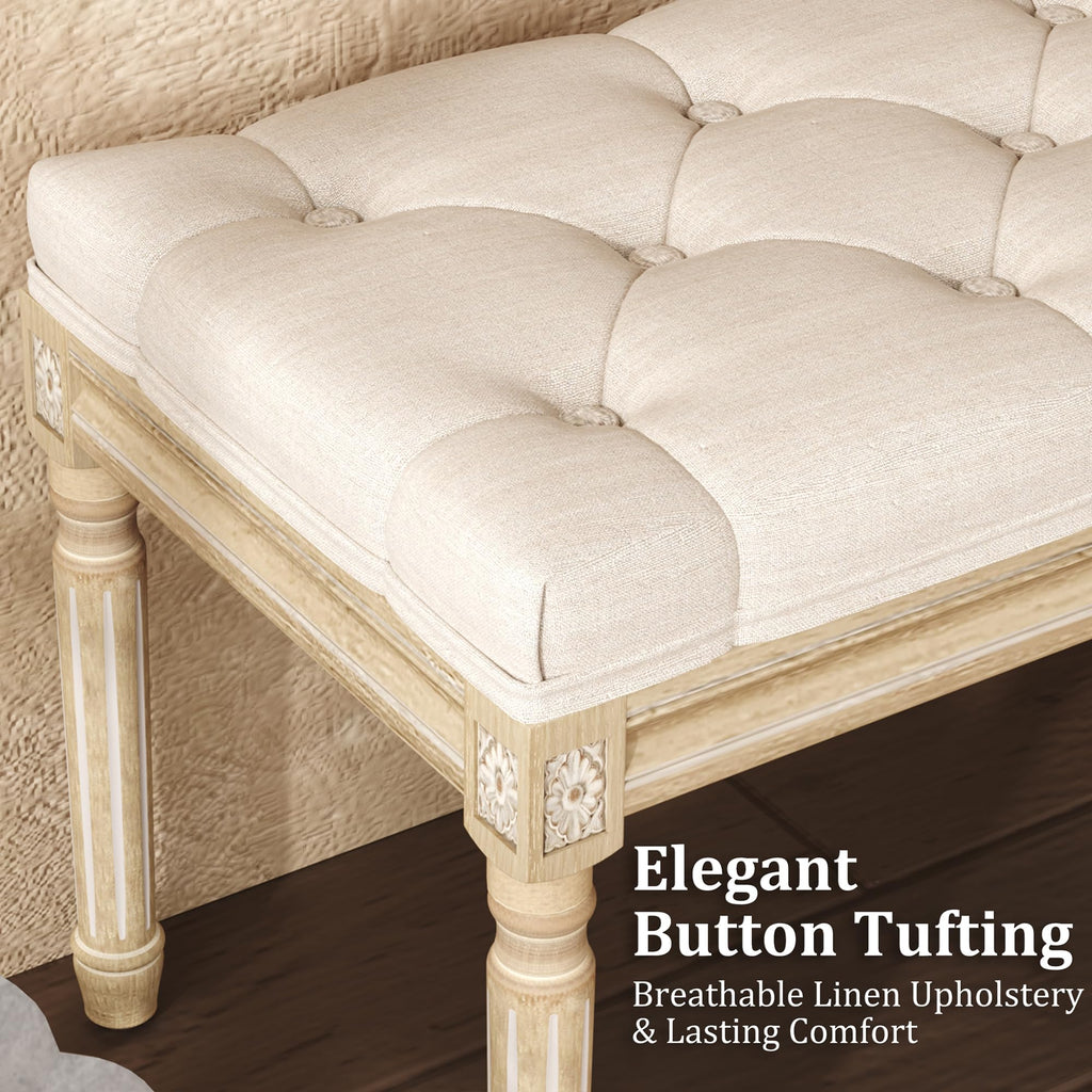 Beige Upholstered Bench with Carved Wood Legs G7926