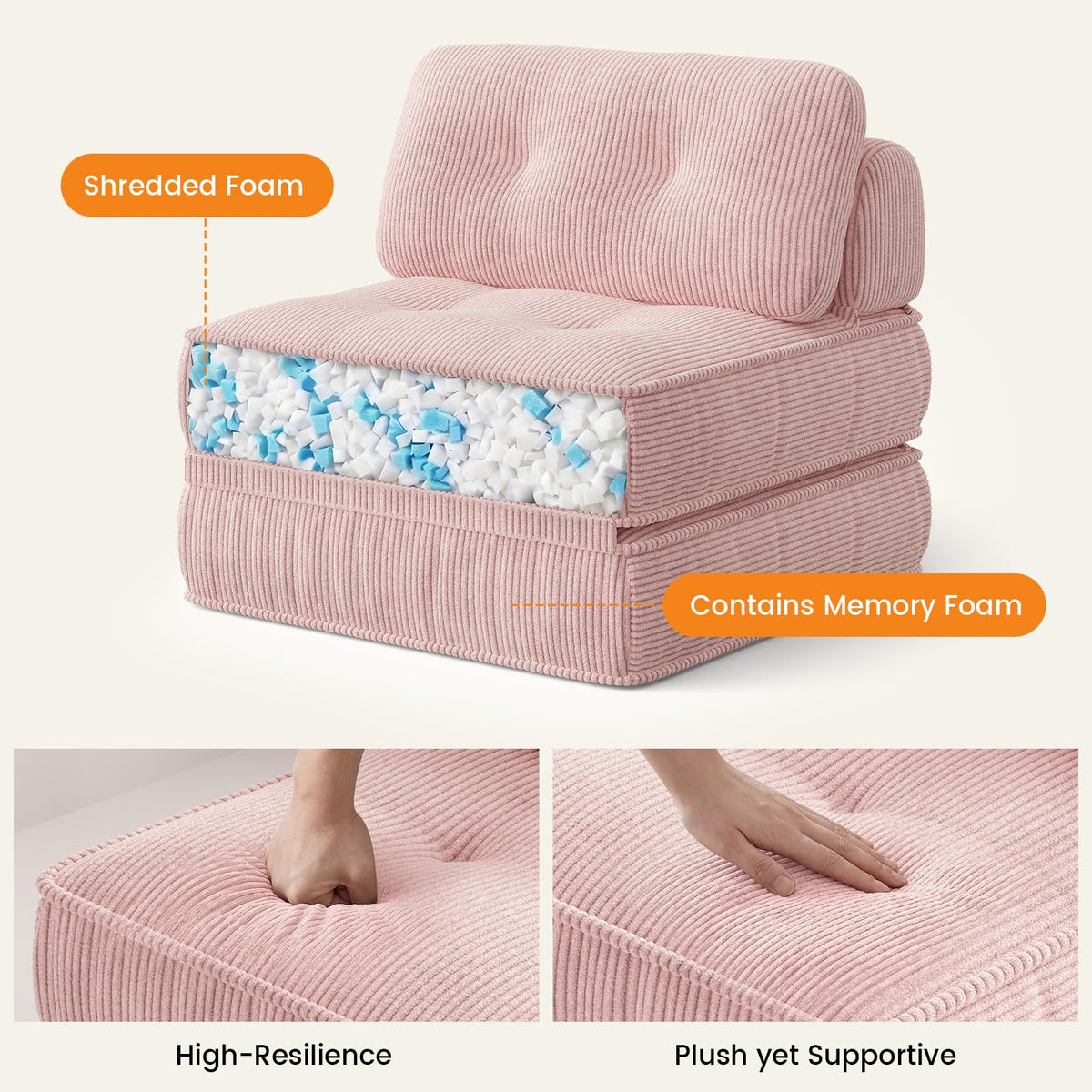 Pink Corduroy 3-in-1 Folding Sofa Bed with Memory Foam A529