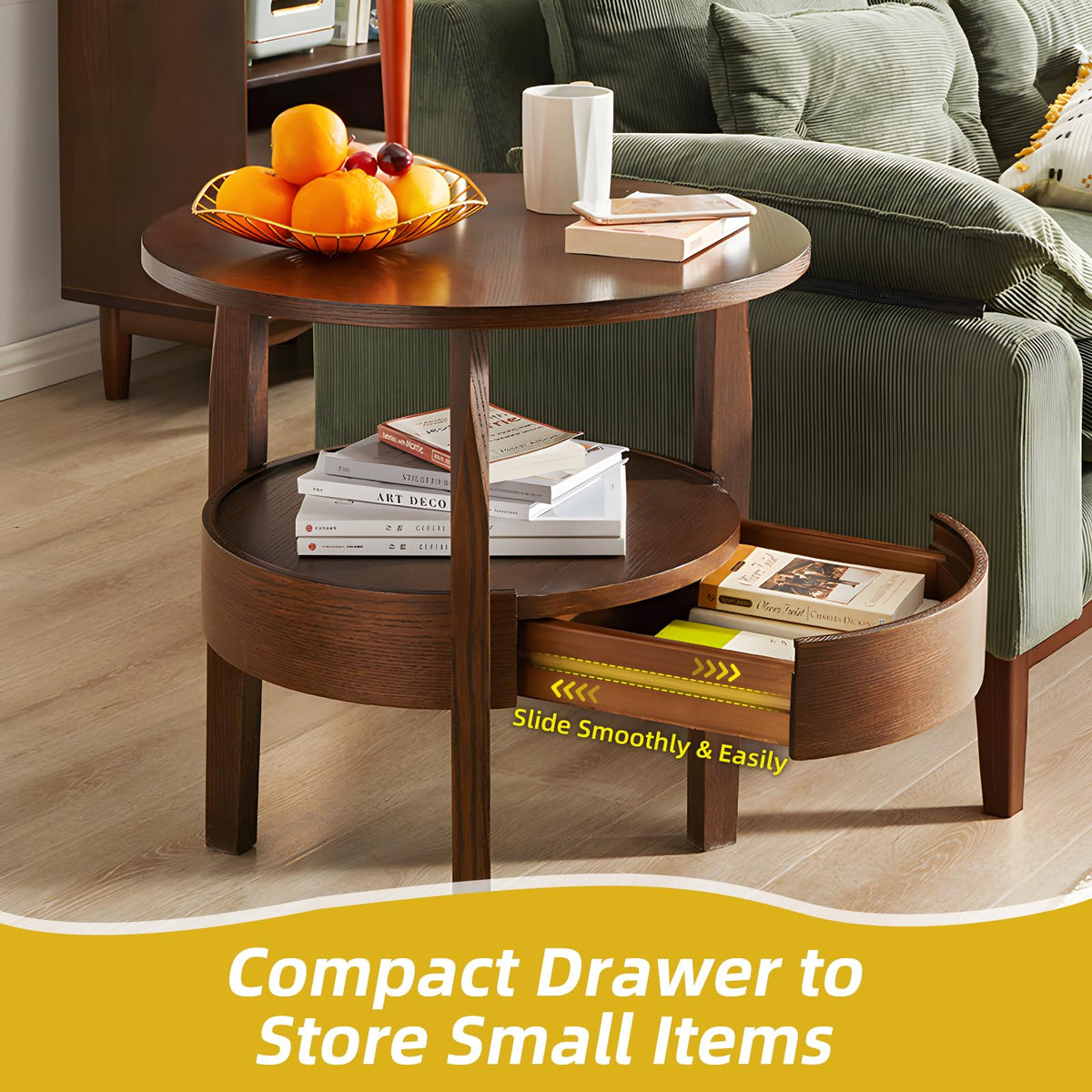 Dark Brown 2-Tier Round Coffee Table with Drawer O310223