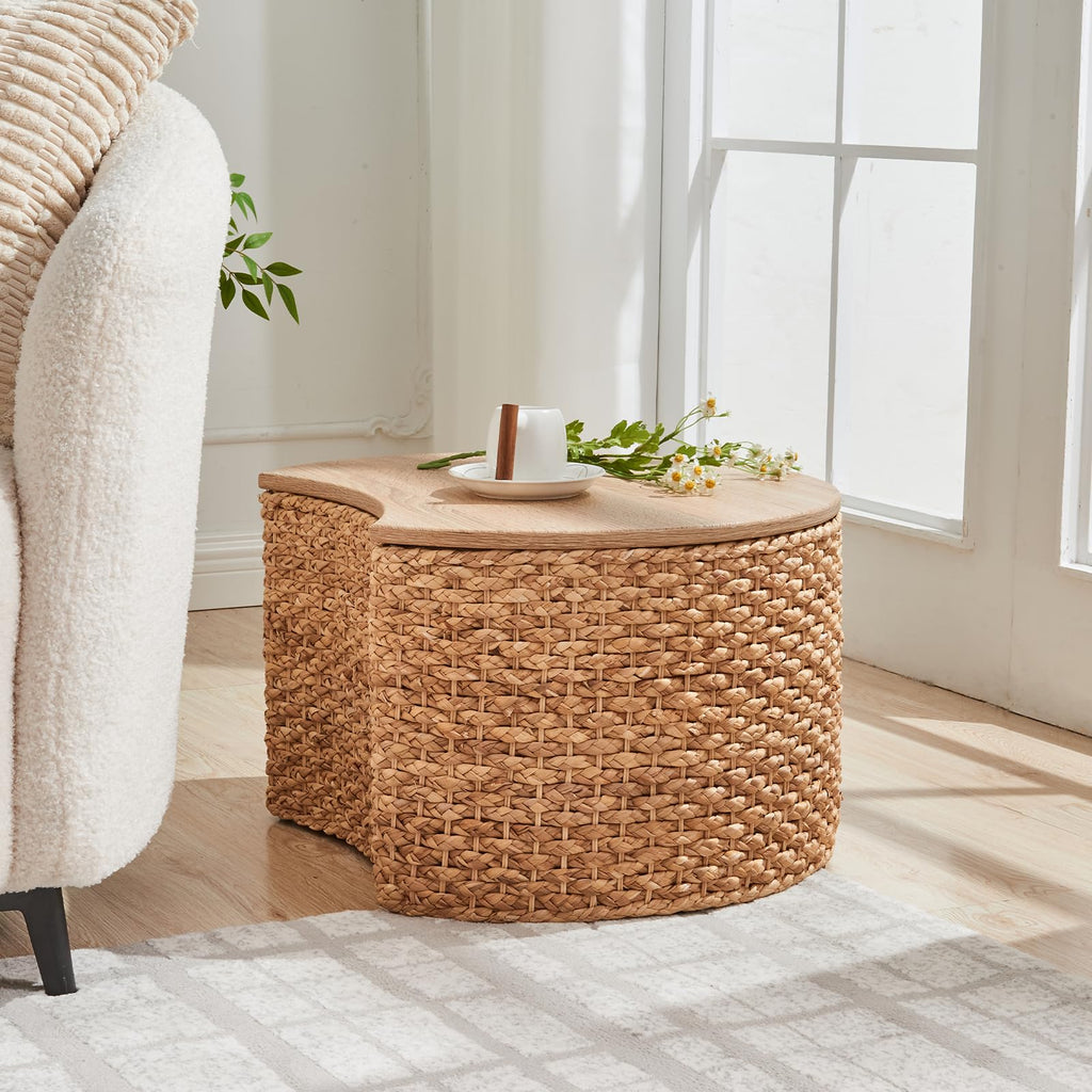 Round Nesting Coffee Table Set of 2 with Storage Wicker Rattan Wood Frame V899
