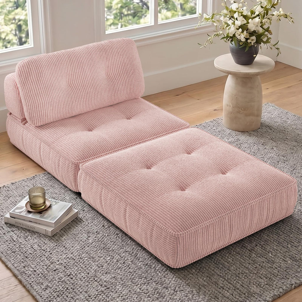 Pink Corduroy 3-in-1 Folding Sofa Bed with Memory Foam A529