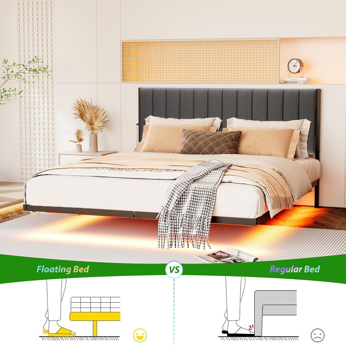 Full Size Metal Platform Bed Frame with LED Lights and Charging Port X709345