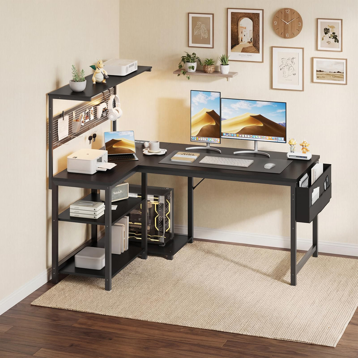 47in Black L Shaped Gaming Desk with Pegboard G541
