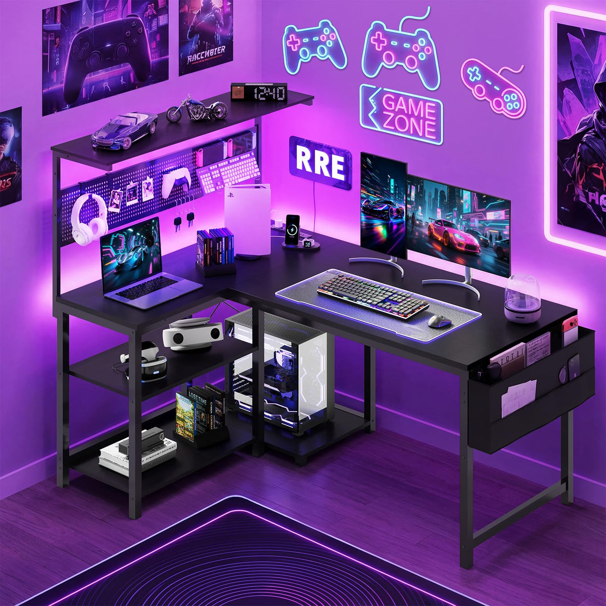 47in Black L Shaped Gaming Desk with Pegboard G541