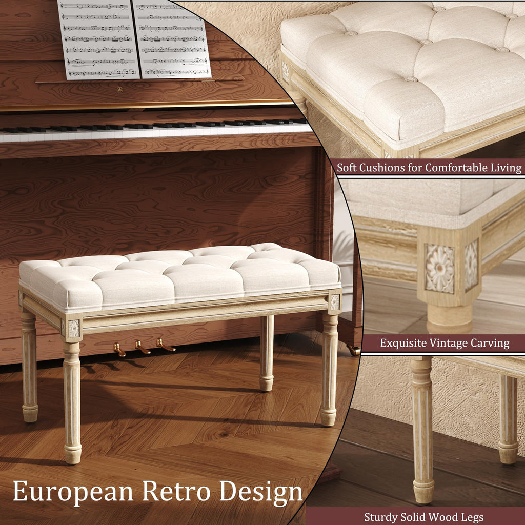 Beige Upholstered Bench with Carved Wood Legs G7926