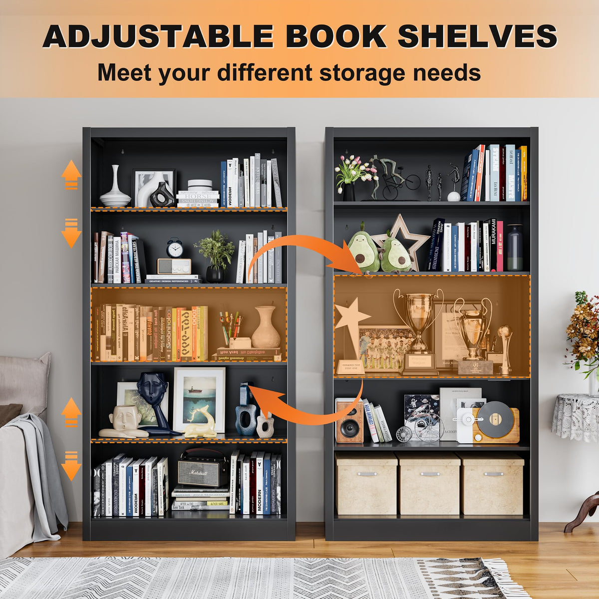 66" Tall Black Metal Bookcase with Adjustable Shelves X198