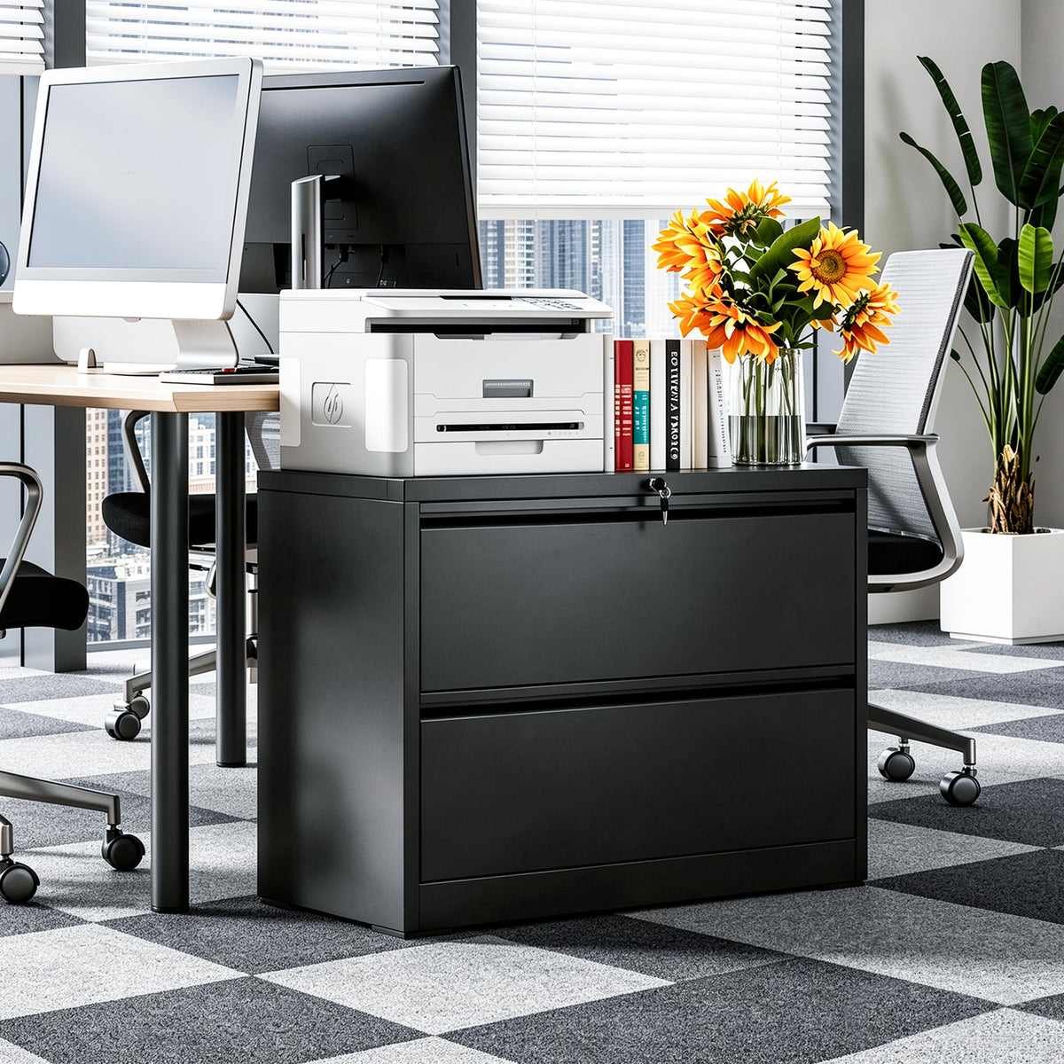 Black 2 Drawer Metal Lateral File Cabinet with Lock L5188