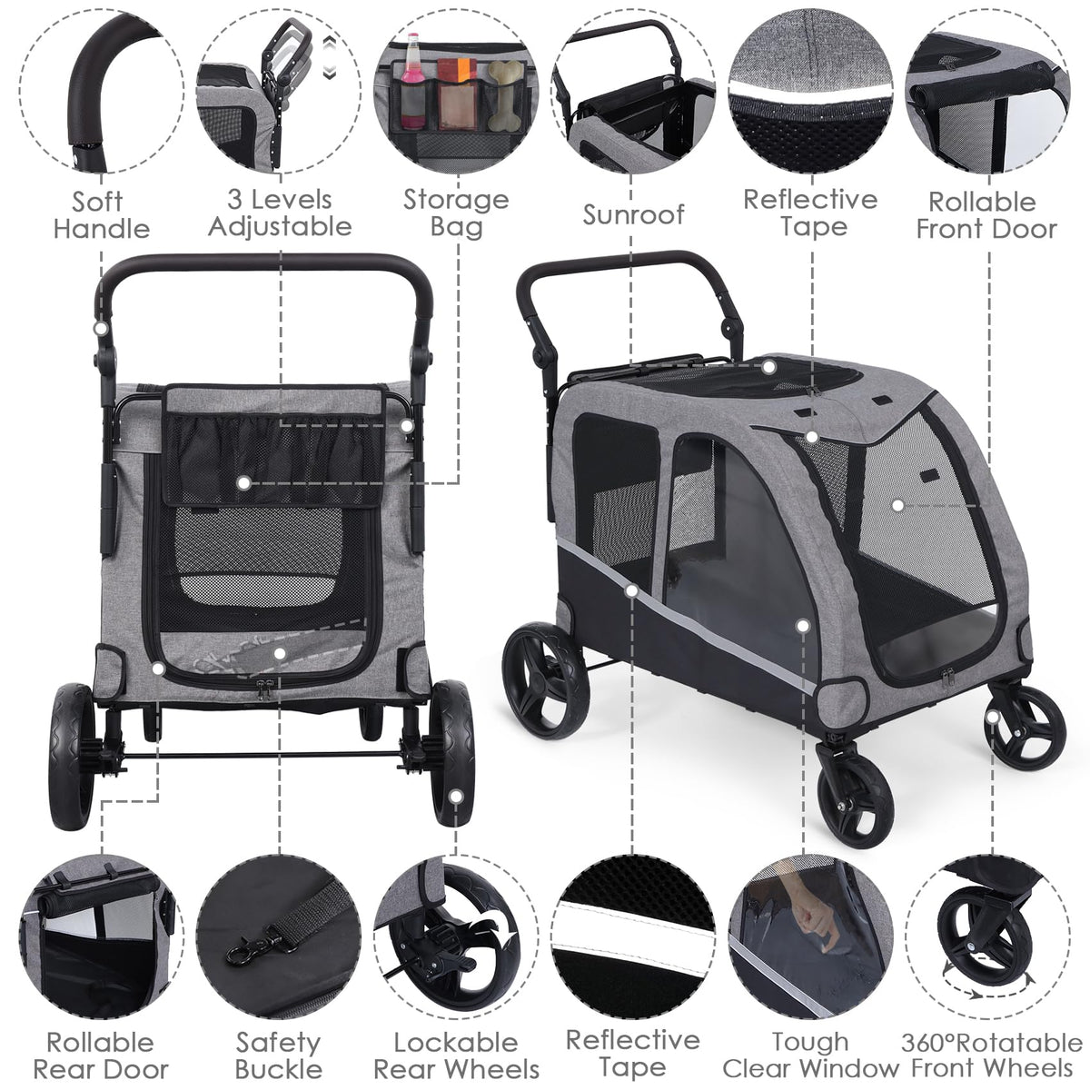 Extra Large Foldable Dog Stroller with Pocket, Up to 130 lbs F7206