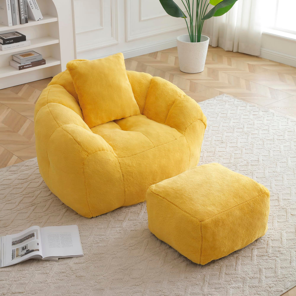 Yellow Faux Fur Memory Foam Bean Bag Chair with Footstool F5750