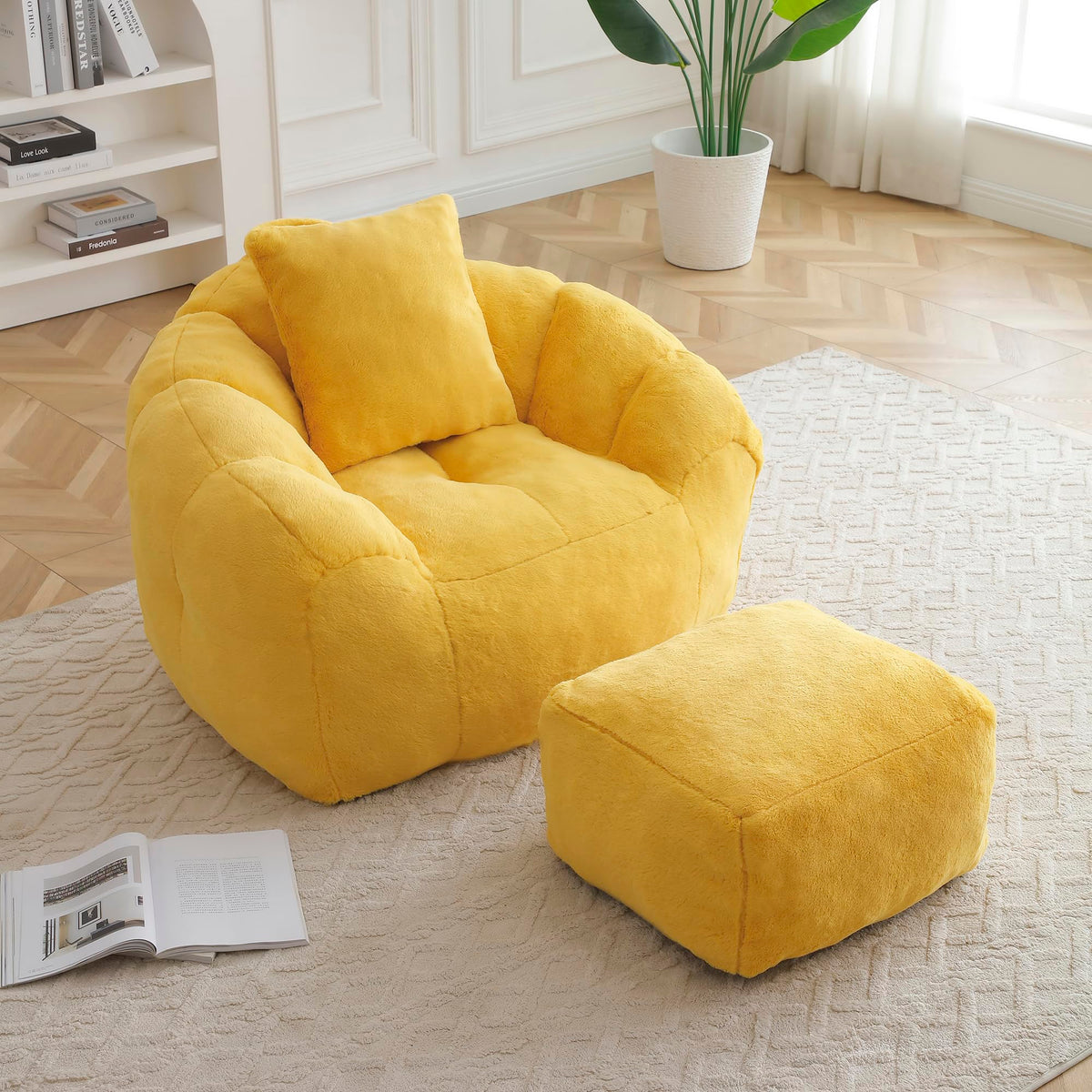 Yellow Faux Fur Memory Foam Bean Bag Chair with Footstool F5750
