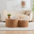 Round Nesting Coffee Table Set of 2 with Storage Wicker Rattan Wood Frame V899