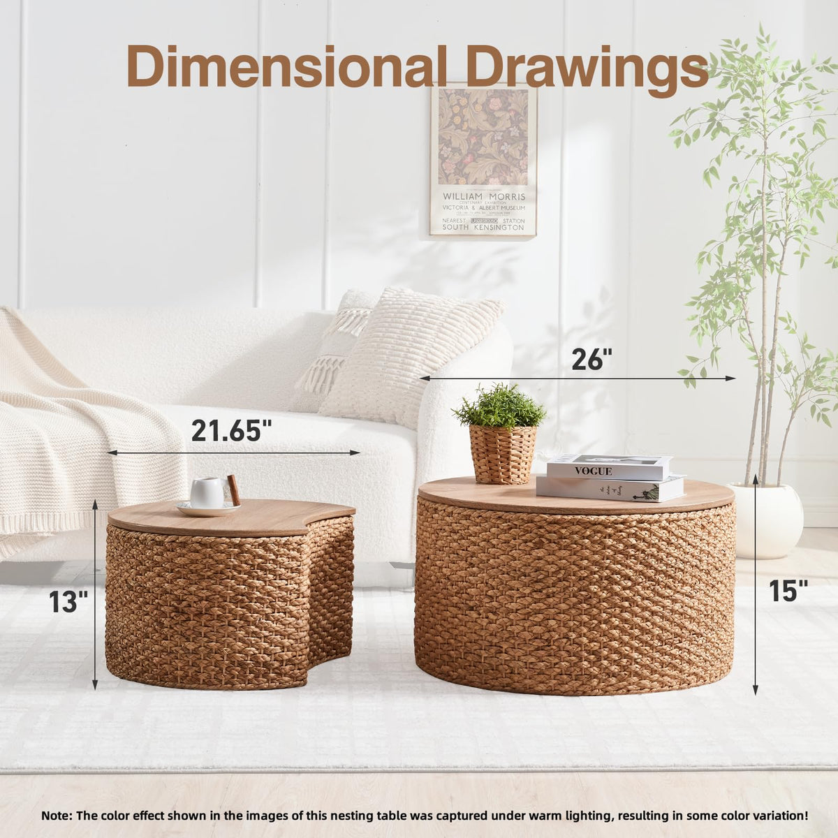Round Nesting Coffee Table Set of 2 with Storage Wicker Rattan Wood Frame V899