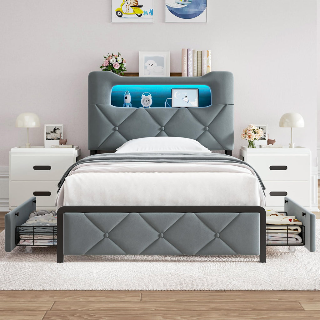 Twin Upholstered Velvet Platform Bed Frame with 2 Storage Drawers P389297