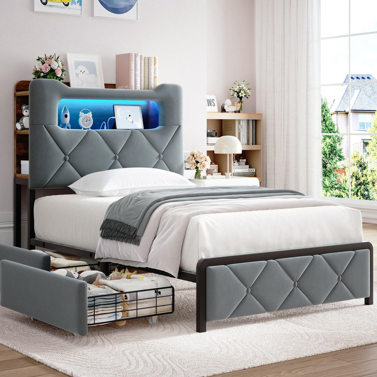 Twin Upholstered Velvet Platform Bed Frame with 2 Storage Drawers P389297