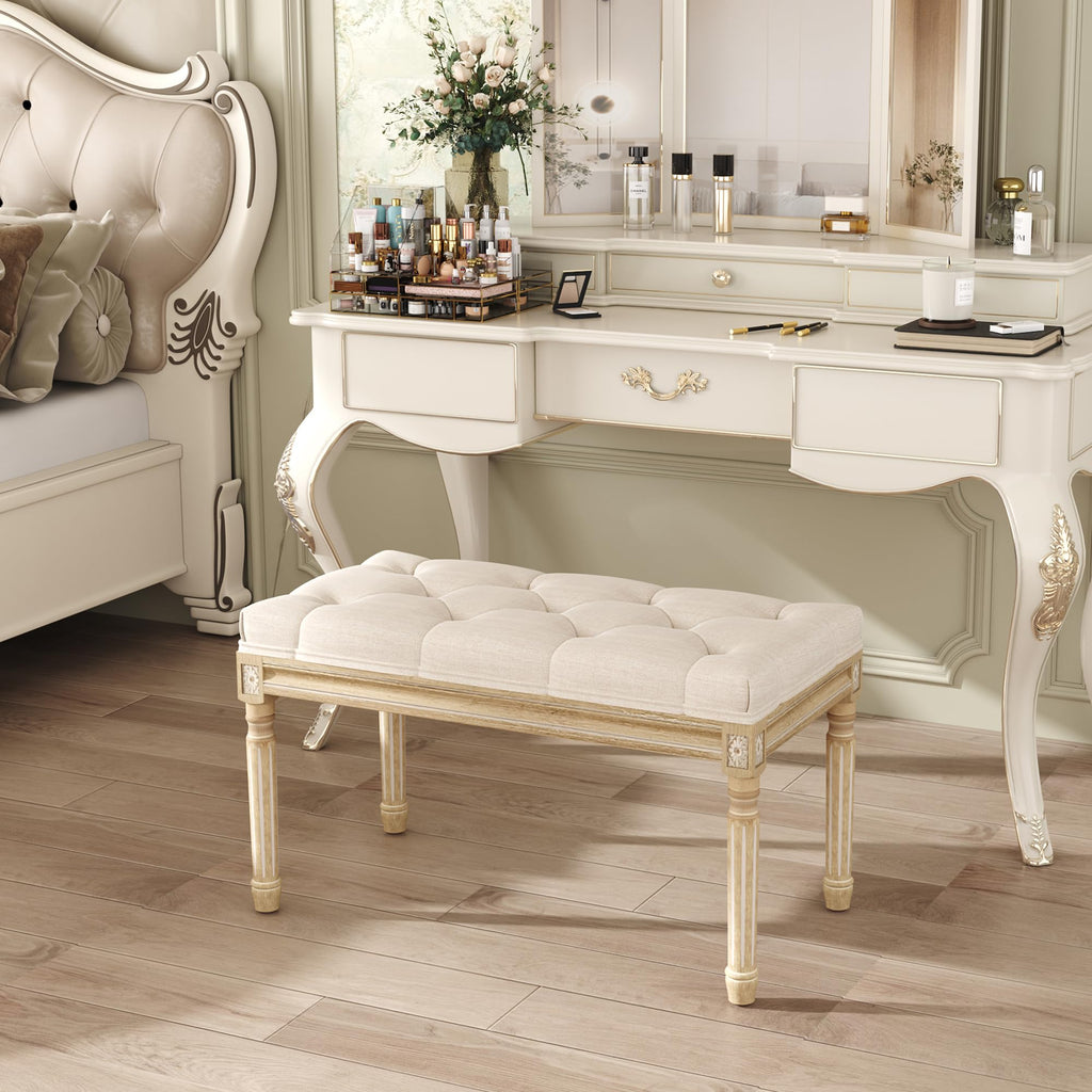 Beige Upholstered Bench with Carved Wood Legs G7926