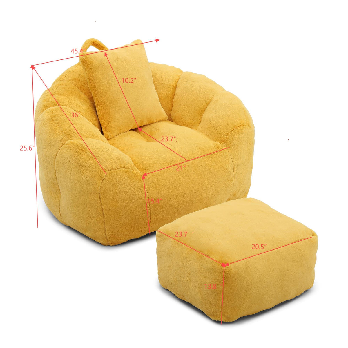 Yellow Faux Fur Memory Foam Bean Bag Chair with Footstool F5750