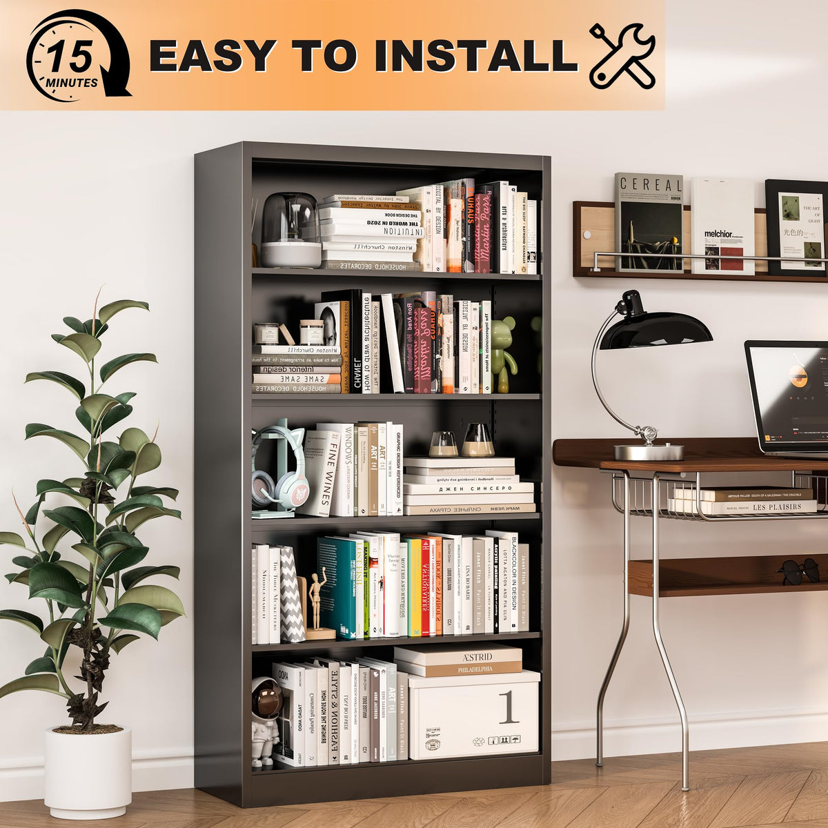 66" Tall Black Metal Bookcase with Adjustable Shelves X198