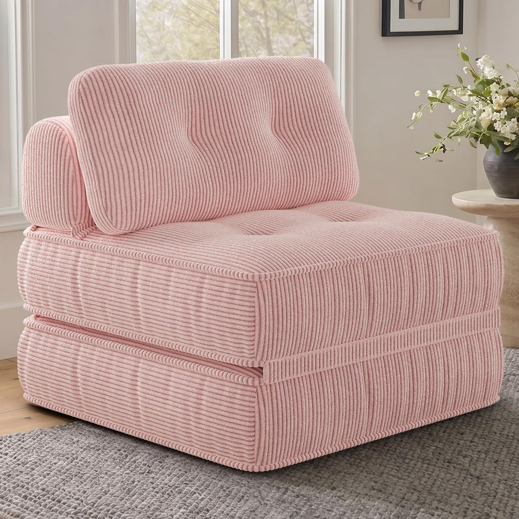 Pink Corduroy 3-in-1 Folding Sofa Bed with Memory Foam A529