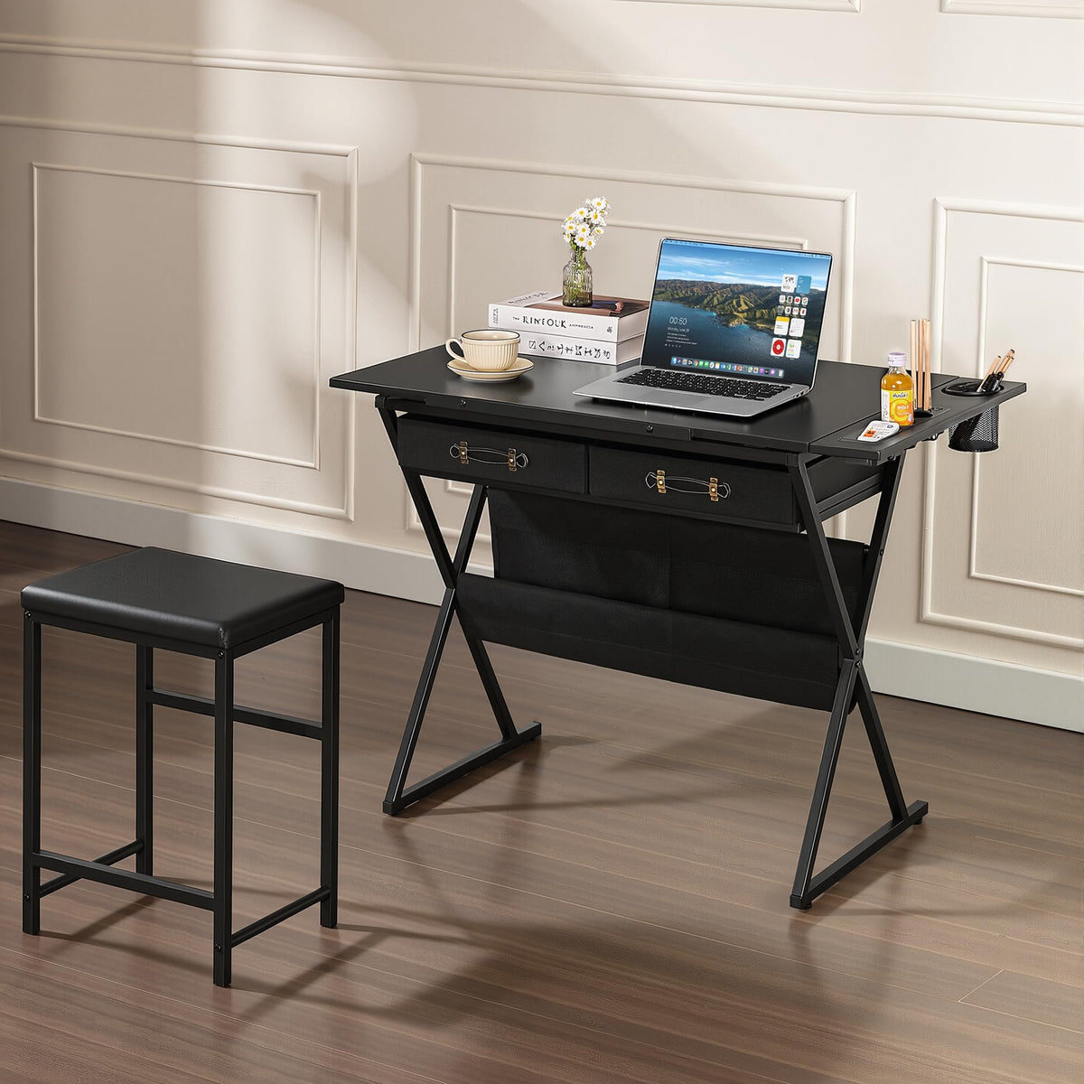 Black Adjustable Drafting Table with 2 Storage Drawers and Stool T5467