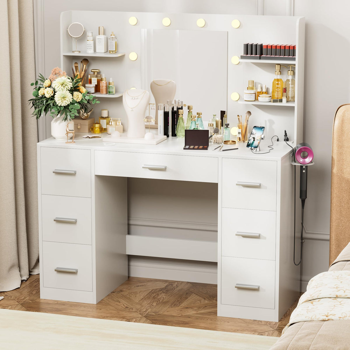 White Vanity Desk with Lighted Mirror and 7 Drawers Y17538