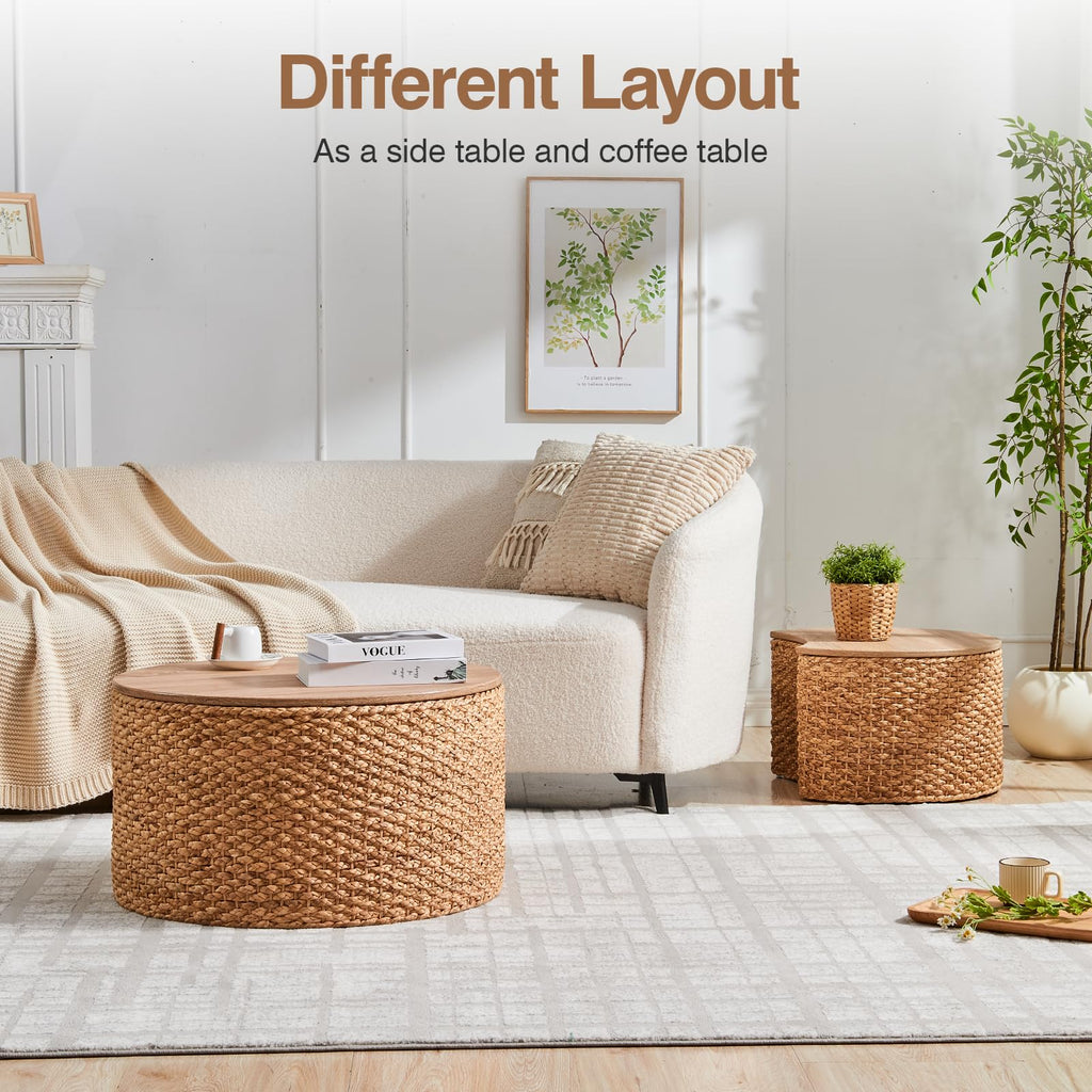 Round Nesting Coffee Table Set of 2 with Storage Wicker Rattan Wood Frame V899