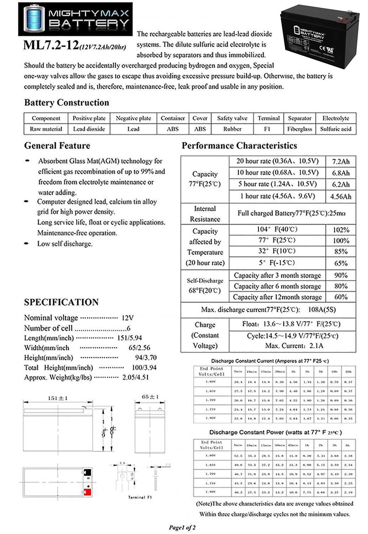 12 Volt 7.2 AH SLA Battery V626