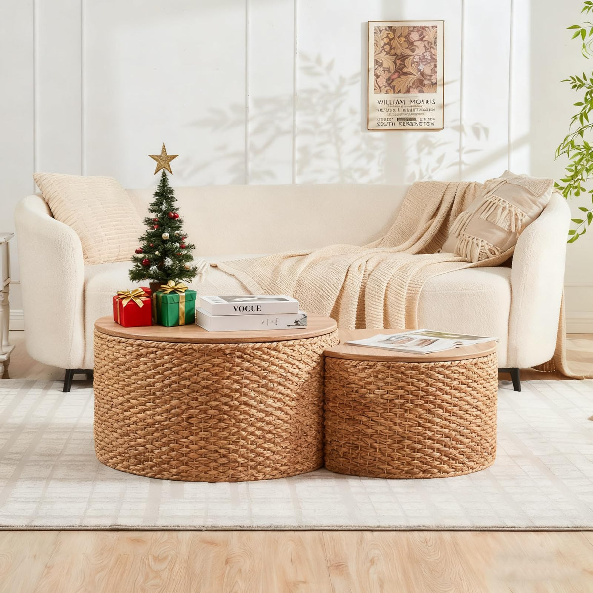 Round Nesting Coffee Table Set of 2 with Storage Wicker Rattan Wood Frame V899