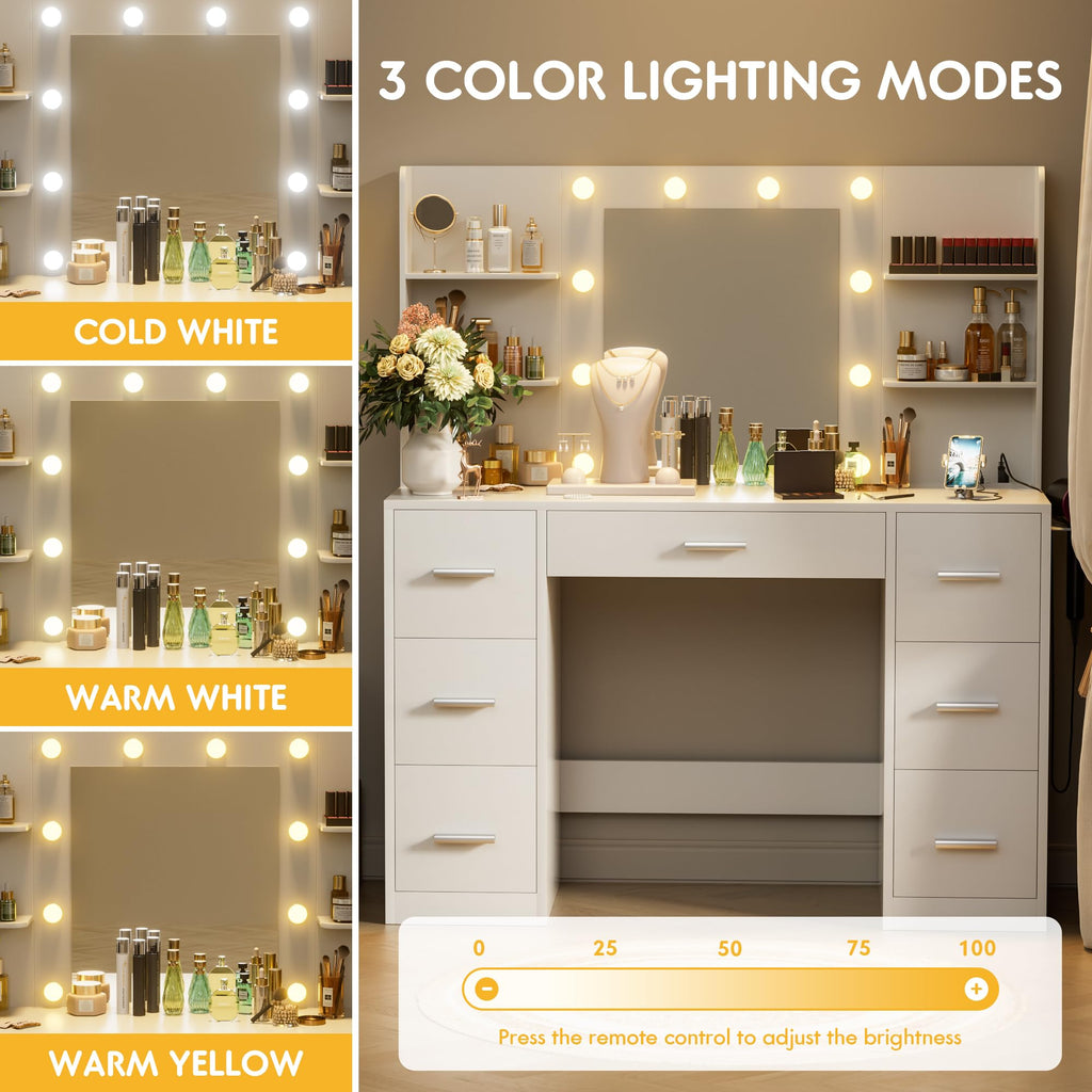 White Vanity Desk with Lighted Mirror and 7 Drawers Y17538