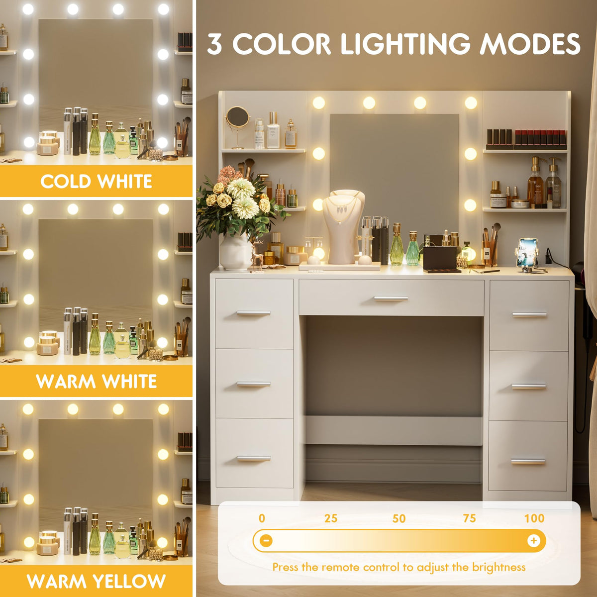 White Vanity Desk with Lighted Mirror and 7 Drawers Y17538